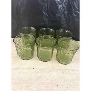 Set of 6 VTG Anchor Hocking Pagoda Green Glass Tree Bark Bamboo Juice Glasses